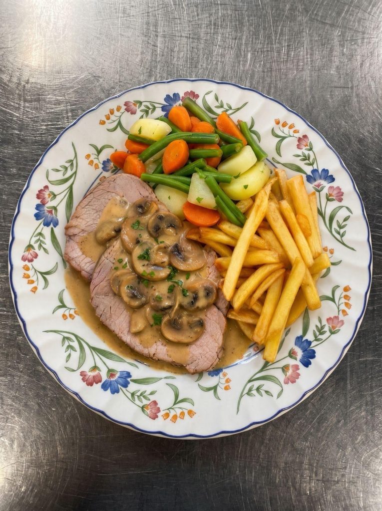 Rôti de bœuf, sauce aux champignons, frites et légumes